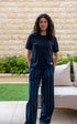 Women summer pajama set Dark Blue T-shirt + Dark Blue X Dark Green Striped Pants